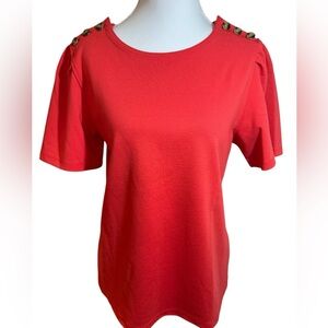 Ann Taylor Women’s Red Short Sleeve Knit Top Button Shoulder Detail Size Small